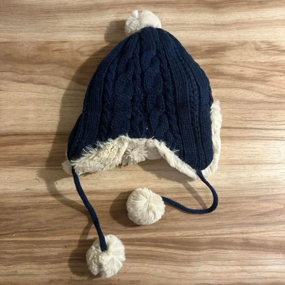 Baby Winter Trapper Hat 18-24M Navy Blue Faux Fur Pom Pom Ear Flap kids ushanka
